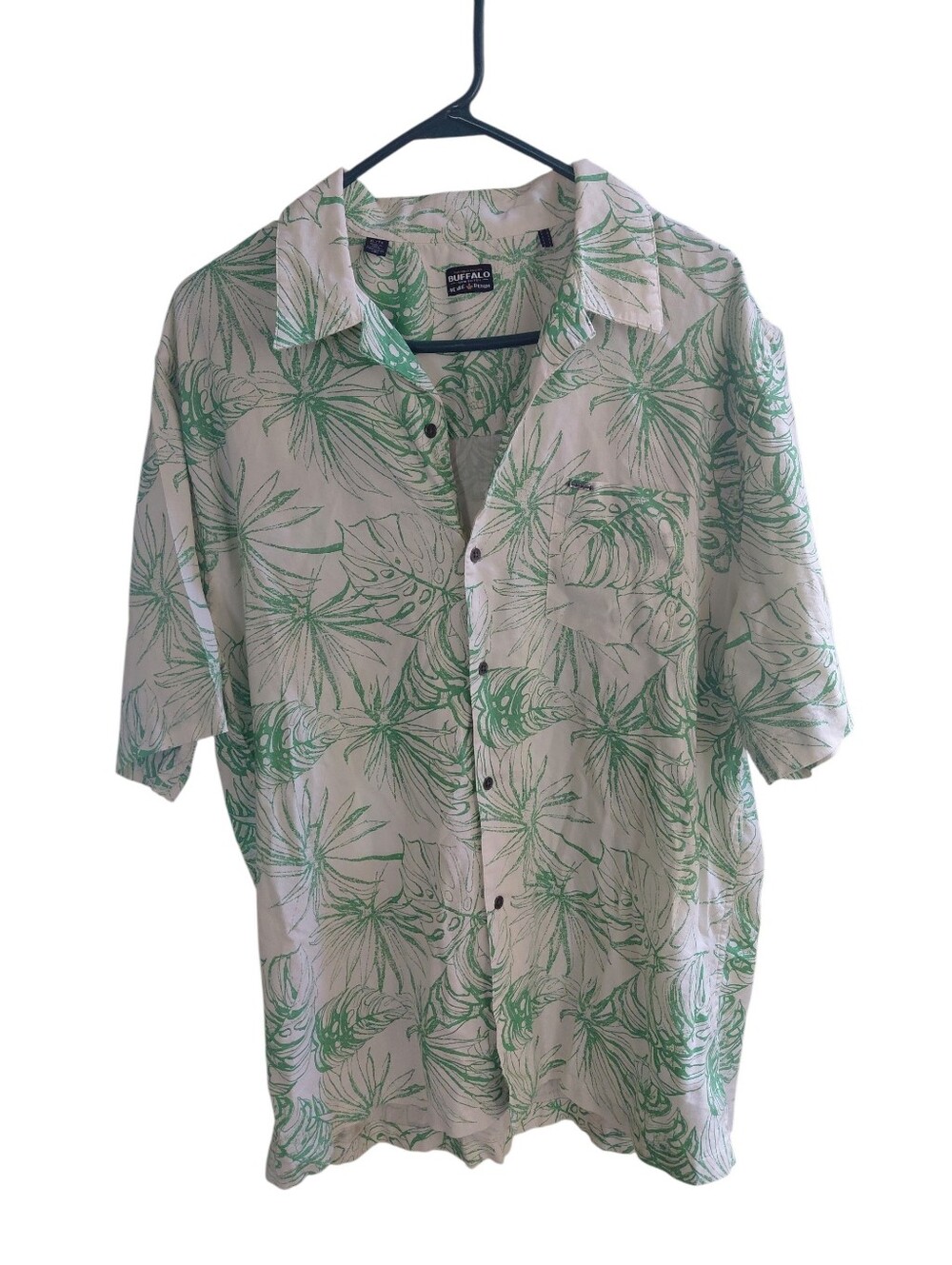 Buffalo David Bitton Green Leaf-Print Short Sleeve Button Down Camp Shirt  XL